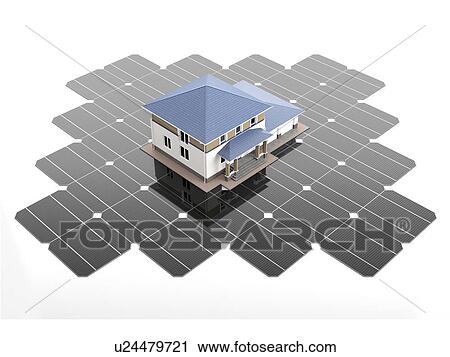 A scale model of the modern house stands on the solar panels. 3D illustration. View Large Photo Image Stock Image - A scale model of the modern house stands on the solar panels. 3D illustration.. Fotosearch
