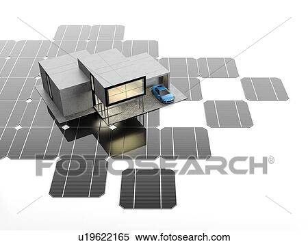 Stock Photography - A scale model of the modern smart house stands on the solar panels. 3D illustration.. Fotosearch