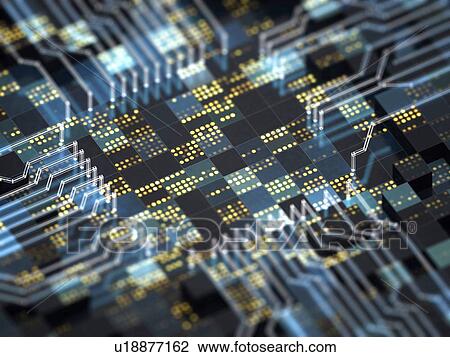 Stock Image - Abstract technology background. Close-up of circuit board with futuristic CPU for big data, wireless communication, internet of things, or artificial intelligence. 3D illustration.. Fotosearch