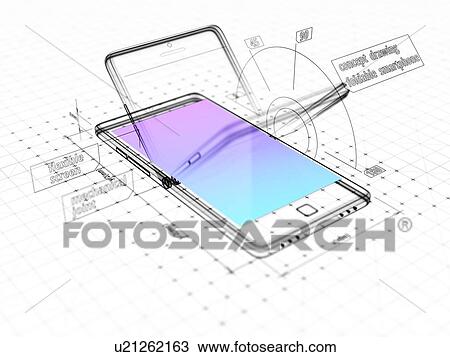 Stock Image - Abstract three-dimensional sketch of a foldable smartphone. Technical drawing. 3d illustration.. Fotosearch