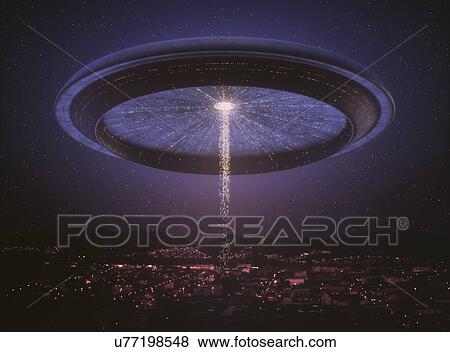 Stock Photo - Alien space ship over the city, illustration.. Fotosearch