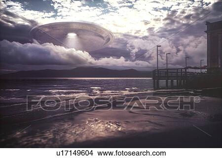 Alien space ship through the clouds, illustration. View Large Photo Image Picture - Alien space ship through the clouds, illustration.. Fotosearch