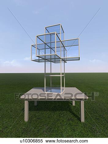 Stock Photography - An unfolded tesseract. A tesseract is a 4-dimensional analogue of a cube, as a cube is a 3-dimensional analogue of a square and is a theoretical projection of a four dimensional cube onto three dimensional space, analogous to an image, drawing or.... Fotosearch