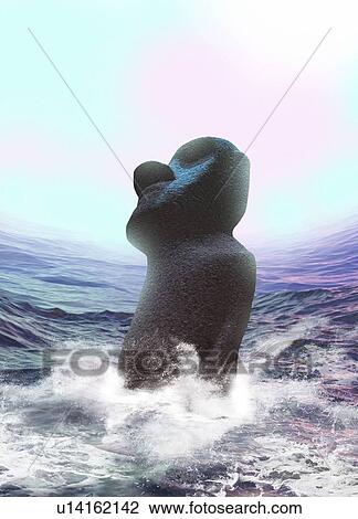 Stock Image - Ancient statue and rising sea, conceptual illustration.. Fotosearch