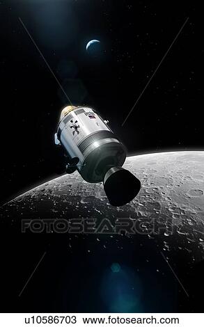 Stock Image - Apollo spacecraft. Illustration of the Apollo Command/Service Module (CSM) in lunar orbit. Each Apollo mission was crewed by three astronauts, sitting in the Command Module (CM, conical gold section at the front of the CSM). The cylindrical Service.... Fotosearch