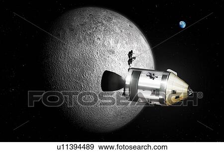 Apollo spacecraft. Illustration of the Apollo Command/Service Module (CSM) in lunar orbit. Each Apollo mission was crewed by three astronauts, sitting in the Command Module (CM, conical gold section at the front of the CSM). The cylindrical Service... View Large Photo Image Stock Photo - Apollo spacecraft. Illustration of the Apollo Command/Service Module (CSM) in lunar orbit. Each Apollo mission was crewed by three astronauts, sitting in the Command Module (CM, conical gold section at the front of the CSM). The cylindrical Service.... Fotosearch