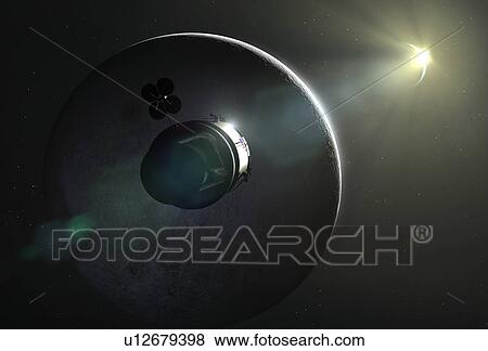 Stock Photo - Apollo spacecraft. Illustration of the Apollo Command/Service Module (CSM) in lunar orbit. Each Apollo mission was crewed by three astronauts, sitting in the Command Module (CM, conical section at the front of the CSM). The cylindrical Service Module.... Fotosearch