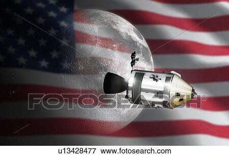 Stock Photo - Apollo spacecraft. Illustration of the Apollo Command/Service Module (CSM) in lunar orbit. Each Apollo mission was crewed by three astronauts, sitting in the Command Module (CM, conical gold section at the front of the CSM). The cylindrical Service.... Fotosearch