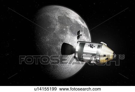 Stock Photo - Apollo spacecraft. Illustration of the Apollo Command/Service Module (CSM) in lunar orbit. Each Apollo mission was crewed by three astronauts, sitting in the Command Module (CM, conical gold section at the front of the CSM). The cylindrical Service.... Fotosearch