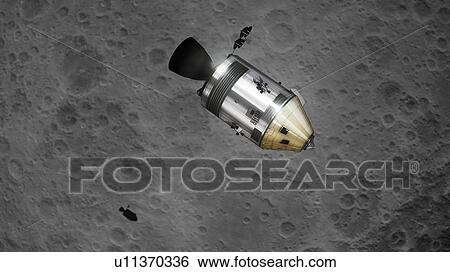 Stock Photograph - Apollo spacecraft. Illustration of the Apollo Command/Service Module (CSM) in lunar orbit, casting a shadow on the Moon's surface. Each Apollo mission was crewed by three astronauts, sitting in the Command Module (CM, conical gold section at the front.... Fotosearch