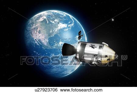 Stock Photograph - Apollo spacecraft. Illustration of the Apollo Command/Service Module (CSM) above the Earth. Each Apollo mission was crewed by three astronauts, sitting in the Command Module (CM, conical gold section at the front of the CSM). The cylindrical Service.... Fotosearch