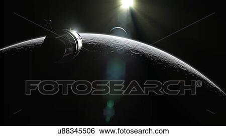 Stock Photograph - Apollo spacecraft. Illustration of the Apollo Command/Service Module (CSM) in lunar orbit. Each Apollo mission was crewed by three astronauts, sitting in the Command Module (CM, conical section at the front of the CSM). The cylindrical Service Module.... Fotosearch