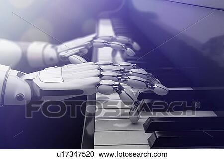Stock Image - Artificial intelligence hands playing the piano. Technology of machine learning. 3D illustration.. Fotosearch