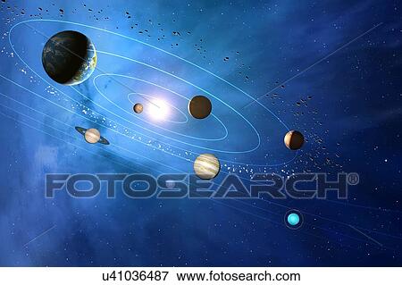 Stock Photo - Artwork of the solar system, showing the paths of the eight major planets as they orbit the Sun, plus the asteroids and comets. The four inner planets are, from inner to outer, Mercury, Venus, Earth and Mars. The four outer planets are, inner to.... Fotosearch