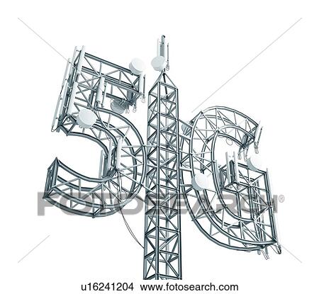 Picture - Base station antenna for mobile communication, made in the form of a 5G symbol. 3D illustration isolated on white background.. Fotosearch