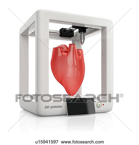 Stock Photo - Bioprinting, illustration. Process of creating human hearts using 3D printer.. Fotosearch