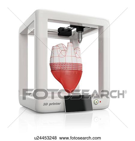 Stock Photo - Bioprinting, illustration. Process of creating human hearts using 3D printer.. Fotosearch
