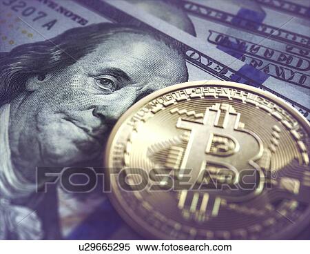 Stock Photography - Bitcoin and one hundred US dollar notes, illustration.. Fotosearch