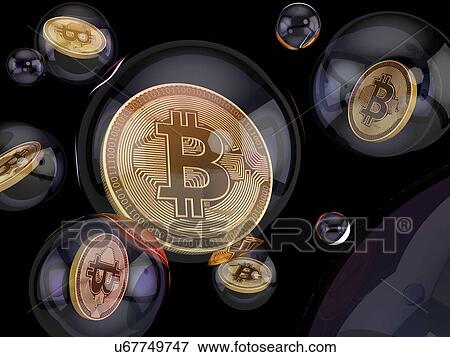 Stock Photo - Bitcoin inside soap bubble on dark background. 3D illustration.. Fotosearch