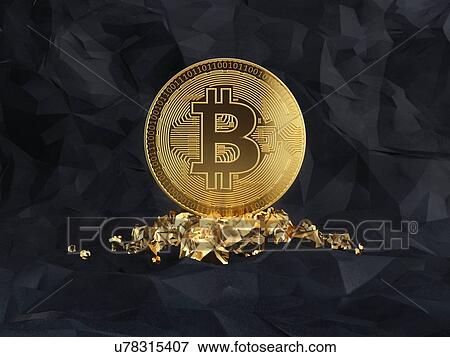 Stock Photo - Bitcoin standing on a golden stones on dark background. 3D illustration.. Fotosearch