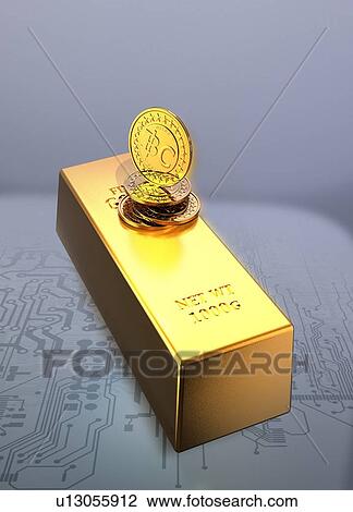 Stock Image - Bitcoins and gold bullion, illustration.. Fotosearch