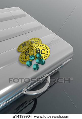 Picture - Bitcoins and pills on briefcase, illustration.. Fotosearch