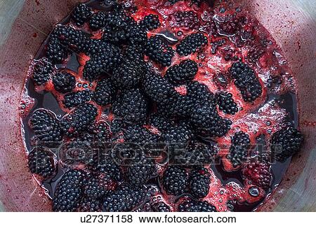 Stock Photo - Blackberries simmering in large saucepan, overhead close up. Fotosearch