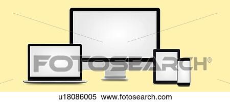 Stock Photography - Blank digital device screens against a yellow background.. Fotosearch