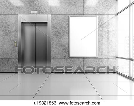 Stock Image - Blank vertical billboard or poster in the elevator hall. 3D illustration of advertising surface.. Fotosearch