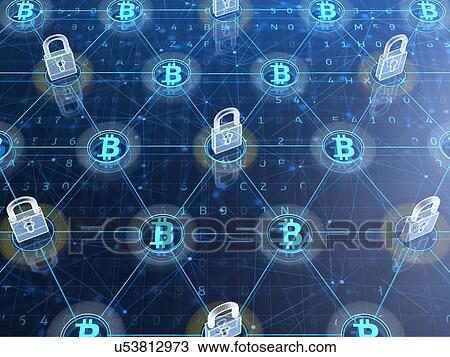 Stock Image - Blockchain technology concept. Holograms symbol of bitcoin and padlock on digital background. 3D illustration.. Fotosearch