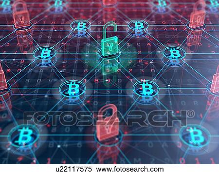Blockchain technology concept. Holograms symbol of bitcoin and padlock on digital background. 3D illustration. View Large Photo Image Stock Photography - Blockchain technology concept. Holograms symbol of bitcoin and padlock on digital background. 3D illustration.. Fotosearch