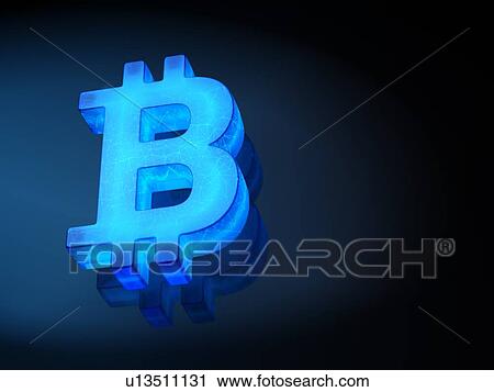 Stock Image - Blue glowing bitcoin symbol on black background, cryptocurrency concept. 3d illustration.. Fotosearch