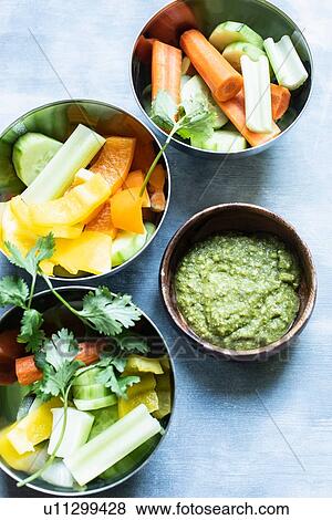 Bowl of dill pesto served with vegetables View Large Photo Image Stock Photo - Bowl of dill pesto served with vegetables. Fotosearch