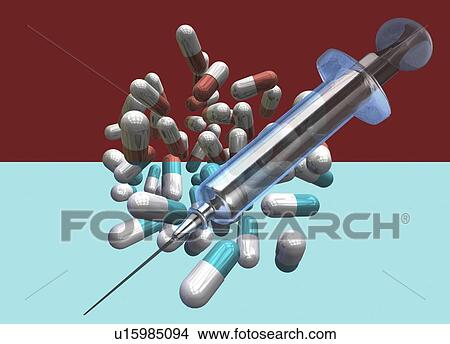 Capsules and syringe, illustration. View Large Photo Image Picture - Capsules and syringe, illustration.. Fotosearch