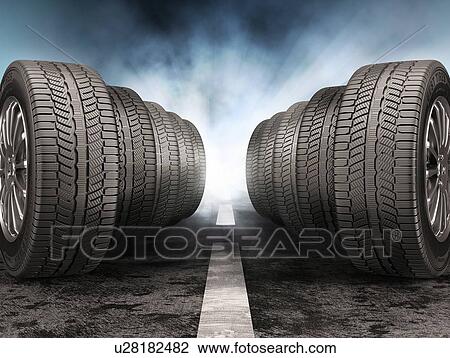 Stock Image - Car tyres standing on the road against light of headlights. 3d illustration. Fotosearch