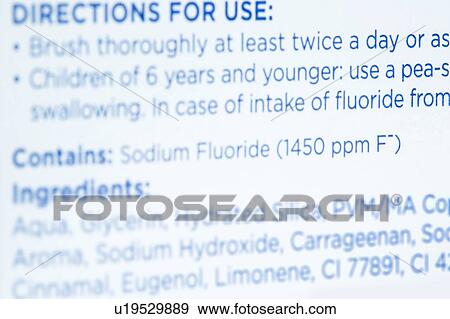 Stock Photo - Children's toothpaste ingredients and directions for use.. Fotosearch