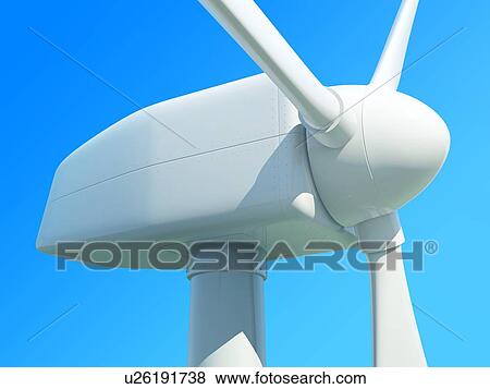 Stock Photo - Close up of wind turbine against blue sky. 3D illustration.. Fotosearch