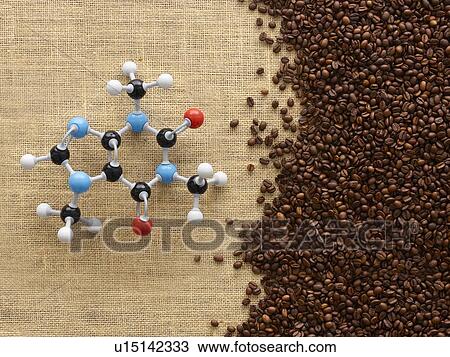 Stock Image - Coffee beans and molecular model.. Fotosearch