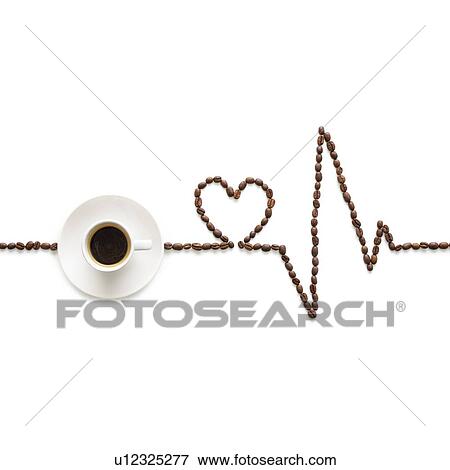Stock Photo - Coffee beans making an electrocardiogram line and heart shape, with a cup of coffee.. Fotosearch