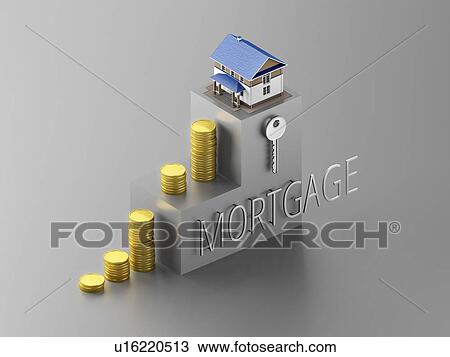 Stock Image - Coins stacked in the form of steps with house on the top. 3D illustration concept of mortgage.. Fotosearch