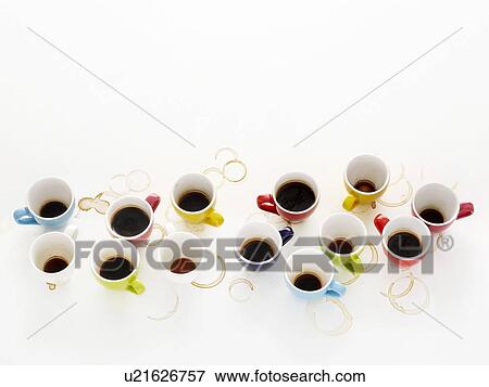 Colourful cups of coffee, high angle view. View Large Photo Image Stock Photo - Colourful cups of coffee, high angle view.. Fotosearch