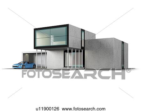 Stock Photograph - Concept of contemporary house with garage. Modern building of glass and concrete. 3D illustration isolated on white.. Fotosearch