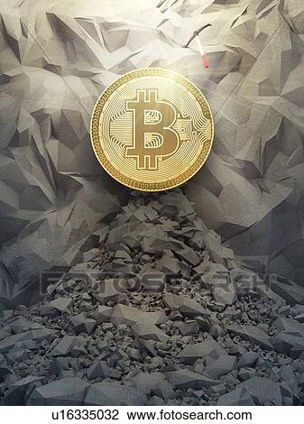Stock Image - Concept of cryptocurrency mining, bitcoin on stone mountain. 3D illustration.. Fotosearch