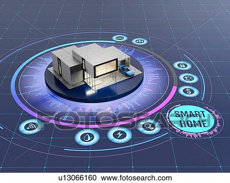 Stock Image - Concept of smart home or internet of things technology. Scale model of contemporary house on the interactive display with infographic elements. 3D illustration on dark background.. Fotosearch
