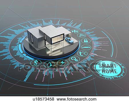 Stock Photo - Concept of smart home or internet of things technology. Scale model of contemporary house on the interactive display with infographic elements. 3D illustration on dark background.. Fotosearch