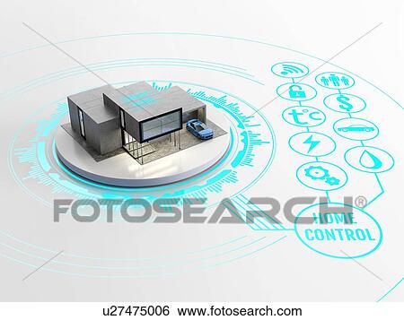 Stock Photograph - Concept of smart home or internet of things technology. Scale model of contemporary house on the interactive display with infographic elements. 3D illustration on white background.. Fotosearch
