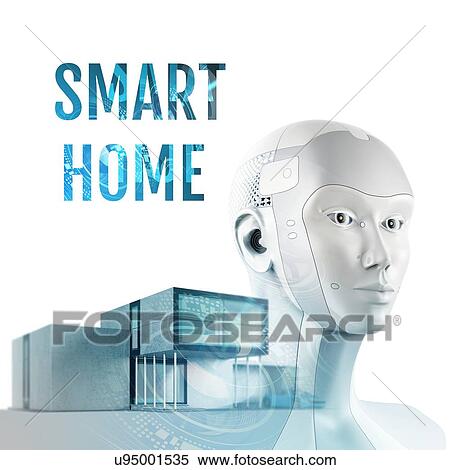 Stock Photography - Concept of smart home with contemporary house and robot head on foreground. Control system with artificial intelligence. 3D illustration.. Fotosearch