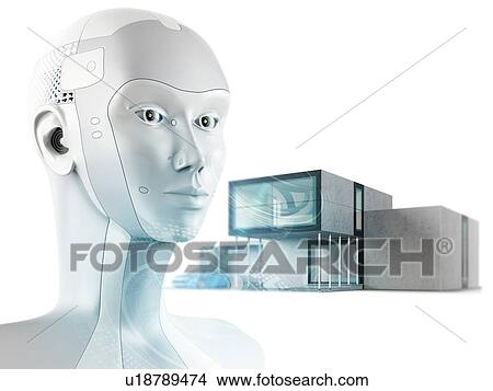 Picture - Concept of smart home with modern house and robot head on foreground. Control system with artificial intelligence. 3D illustration.. Fotosearch
