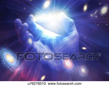Stock Image - Conceptual illustration of creation. A hand is shown with light rays and galaxies emanating from it.. Fotosearch