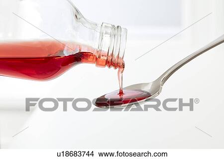 Picture - Cough syrup pouring onto a spoon.. Fotosearch